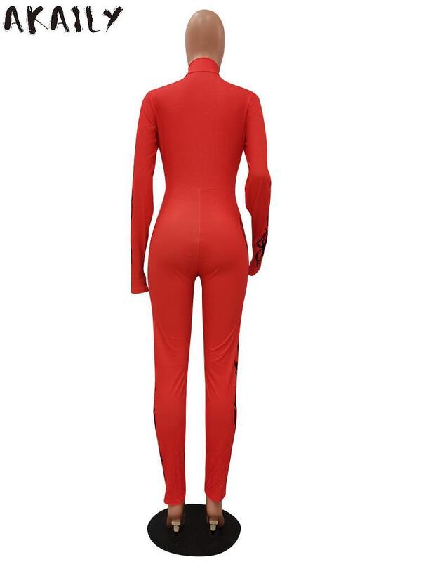 Akaily Lente Print Street Jumpsuit Voor Vrouwen 2023 O Hals Lange Mouwen Zip Up Jumpsuit One-Stukken Outfit Skinny oranger Jumpsuit