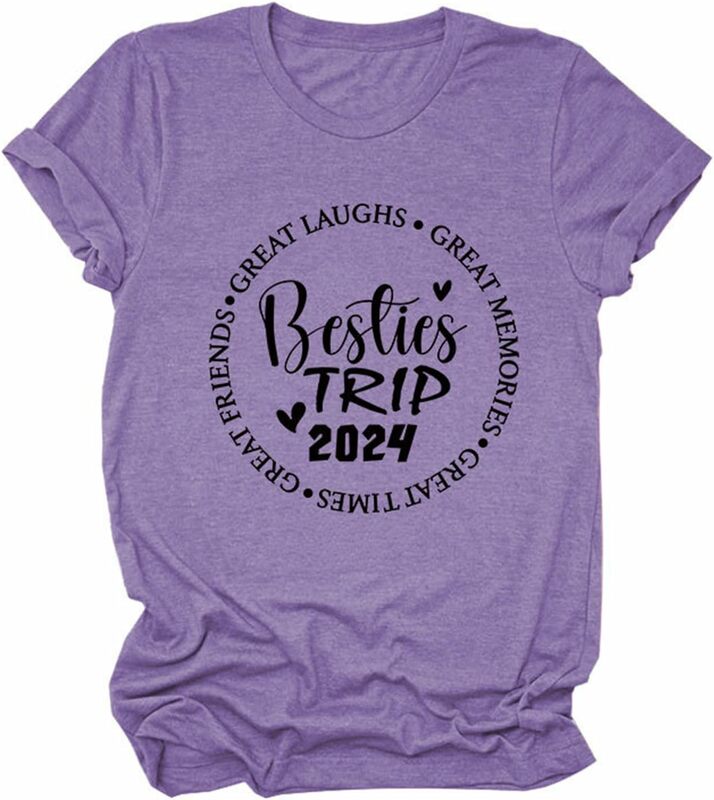 Besties Trip 2024 Shirts for Women Short Sleeve Friends Travelling Vacation Tee Tops Letter Crewneck Casual T-Shirt