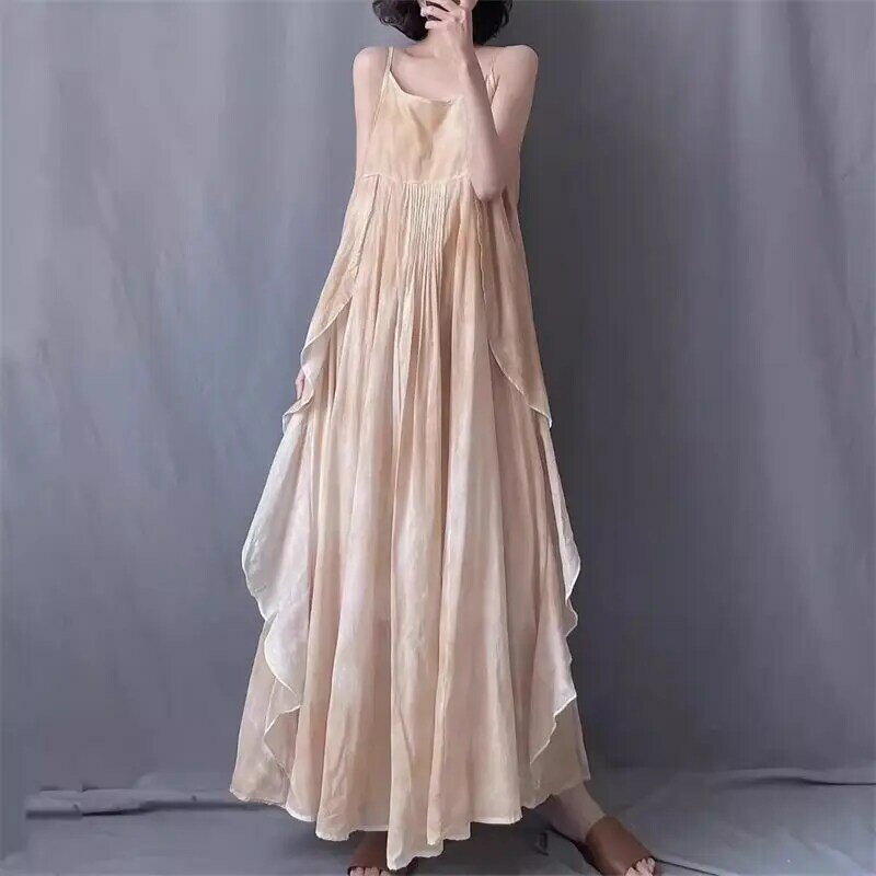 Projekt artystyczny Retro nieregularny sukienka na szelkach dla kobiet lato 2024 moda nowy Temperament wakacje bez rękawów długa sukienka K873