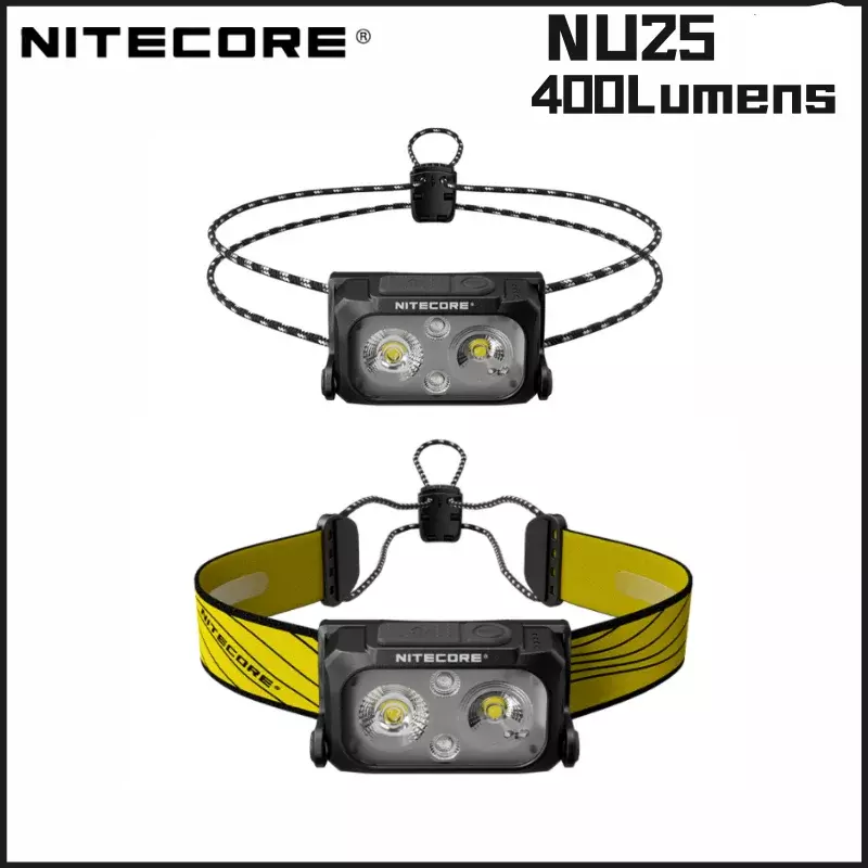 Farol recarregável Nitecore, 400Lumens, feixe duplo, equipado com holofotes, lanterna de cabeça ultra leve, NU25 UL