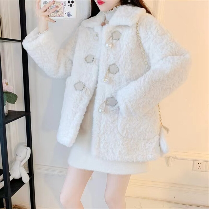 Jaket bulu domba wol musim dingin, pakaian luar hangat satu baris kerah Turn-Down Korea atasan mewah longgar pendek wanita