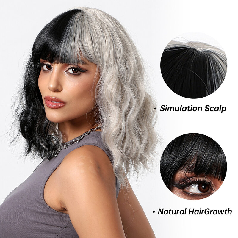 Bob Black Gray Blonde Wavy Wigs with Bangs Short Two Tone Cosplay Wig for Women Halloween DaiIy Natural Heat Resistant Fake Hair