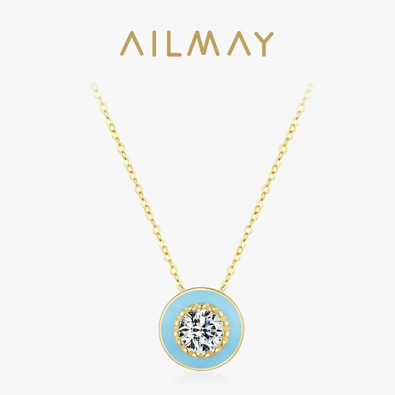 Ailmay элегантная круглая синяя эмалированная Подвеска из стерлингового серебра 925 пробы женское ожерелье для помолвки Свадебные ювелирные изделия