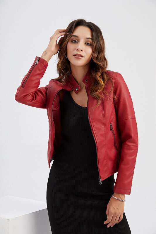 Wepbel Y2K-chaqueta de cuero para mujer, abrigo delgado de PU, prendas de vestir, ropa de motocicleta, abrigo de cuello alto, primavera y otoño