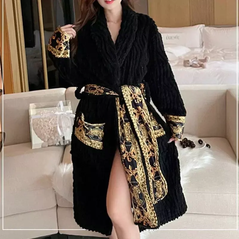 WPTCXH Autumn Winter Coral Fleece Pajamas Thick Flannel Nightgown Women Bathrobe Advanced Warm Embroidery Mid Length Home Wear