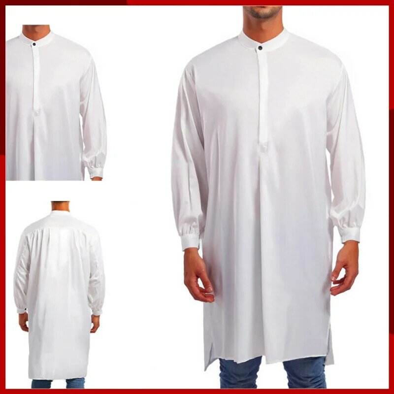 2024 Arabic Style Fashion Simple Long Men's Shirt Fast Solid Muslim Robe Cotton Fabric T-Shirt Dubai Long Sleeve Top Islamic