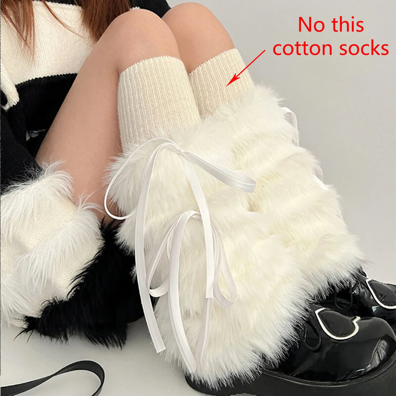 Punk Thickened Fluffy Bow Knot Legger Warmer Gothic Black Fur Boots Medium Tube Y2k Warmer Foot Cover Harajuku Party Accessories