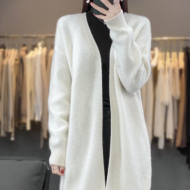 Cardigã de lã monocromático feminino, suéter longo solto, casaco preguiçoso ao vento, estilo coreano, novo para outono e inverno