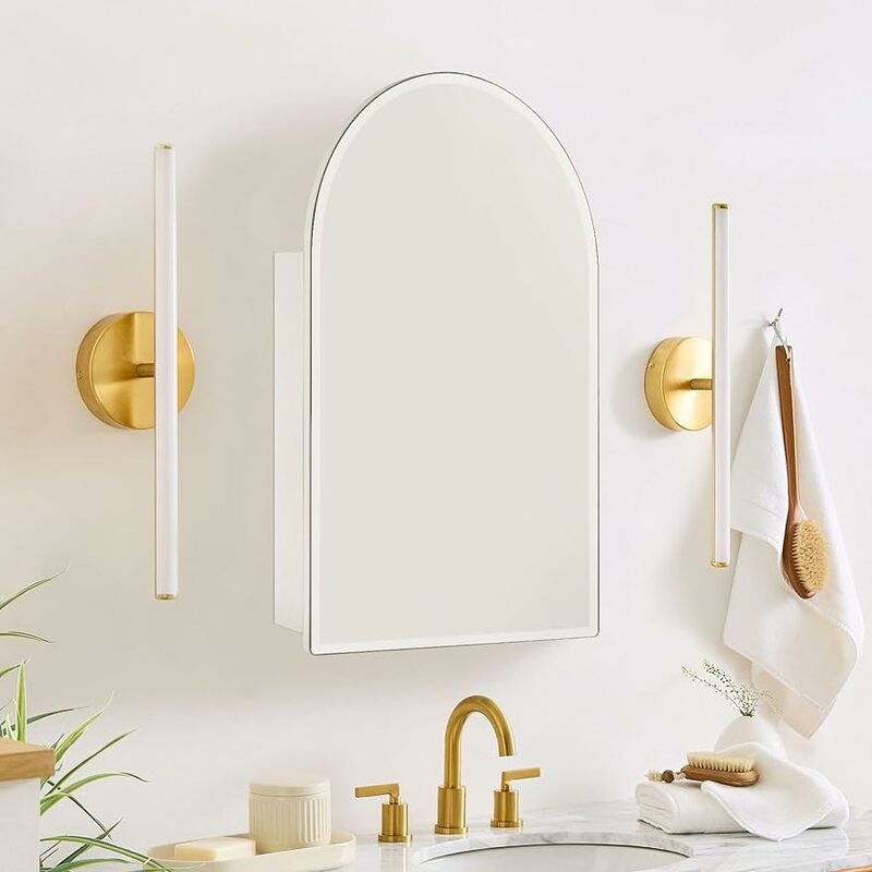 Botiquín de arco blanco sin marco con receso de espejo y gabinete de montaje en superficie con espejo para baño, 28 "H x 16" W