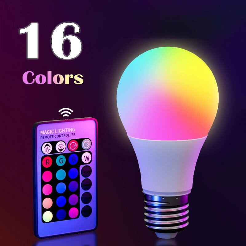 RGB LED 다색 전구 E27 베이스 가정용 조명, 밝기 조절 가능 24 키 리모컨 분위기 네온 조명, 16 색 전구, 220V