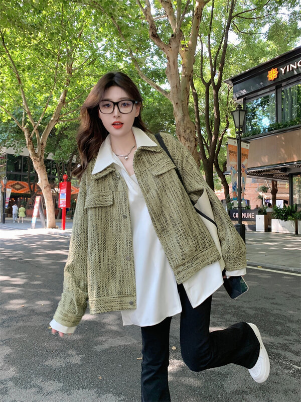 Women Korean Version Fitting Slimming Fake Two-piece Coat For Autumn 2024 With a Design Sense of Small Fragrant Style top Trend