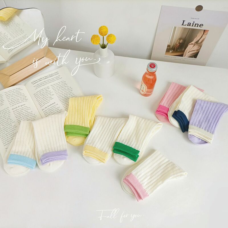 Women Socks Cotton Sweet Solid Candy Color Cute Kawaii Middle Tube Female Summer Thin Korea Style Short Mesh Socks Calcetines