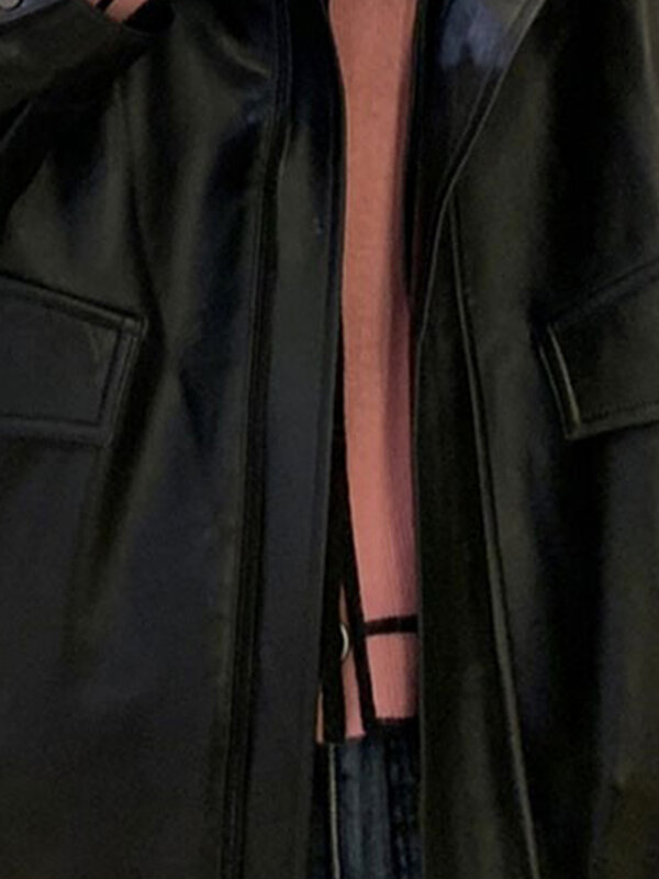 Lautaro Jaquetas macias de couro sintético femininas, jaquetas pretas grandes, cintura elástica, casual e legal, impermeável e legal, zíper, primavera e outono, 2022
