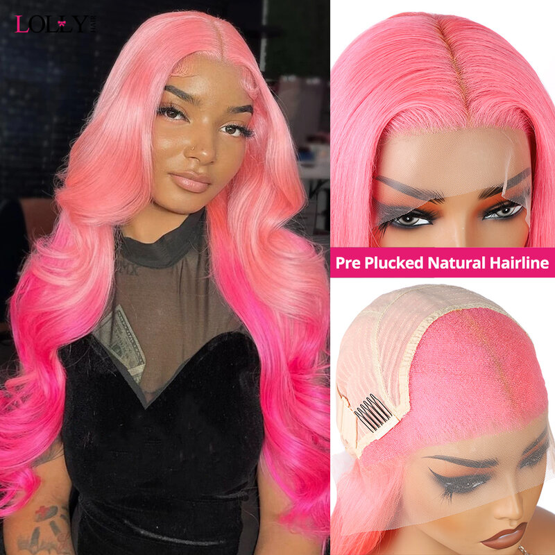 Lolly Hair-Peluca de cabello humano virgen, postizo de encaje frontal transparente, color rosa degradado, prearrancado, 30 pulgadas