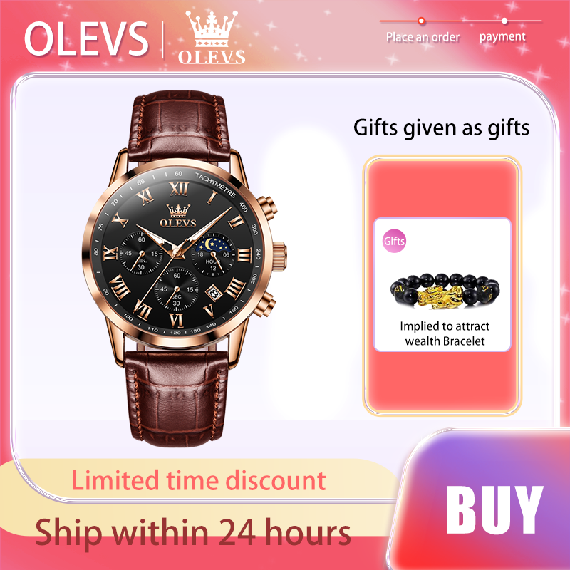OLEVS-Relógios masculinos de negócios, pulseira de couro, lua fase, relógio quartzo masculino, luminoso, impermeável, relógio de pulso original, marca top