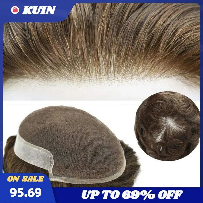 Kuin-Perruque de toupet en dentelle et PU pour hommes, cheveux humains naturels, cheveux respirants, système capillaire, prothèse capillaire