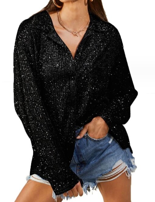 Fashion Sequin Lapel Temperament Casual Shirt Women's New Hot Selling Fashion 2023 Spot Loose Fitting Long Sleeves