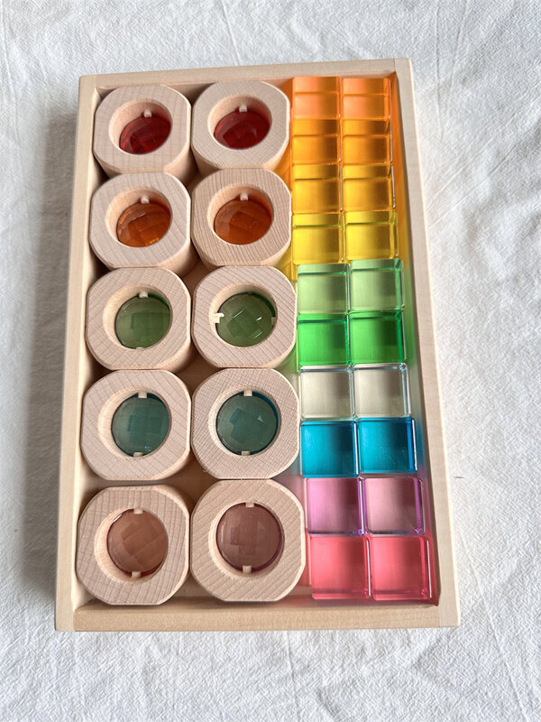 Houten Montessori Speelgoed Doorzichtig Blokken Gemengd Acryl Edelstenen Voor Kinderen Open Spel