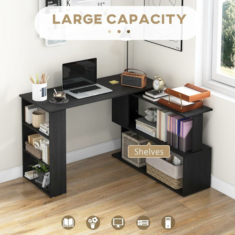 Na narożnik biurka HOMCOM w kształcie L, obracająca się biurko do pracy w domu o 360 stopni z regały magazynowe, stół do pisania stacja robocza, czarna