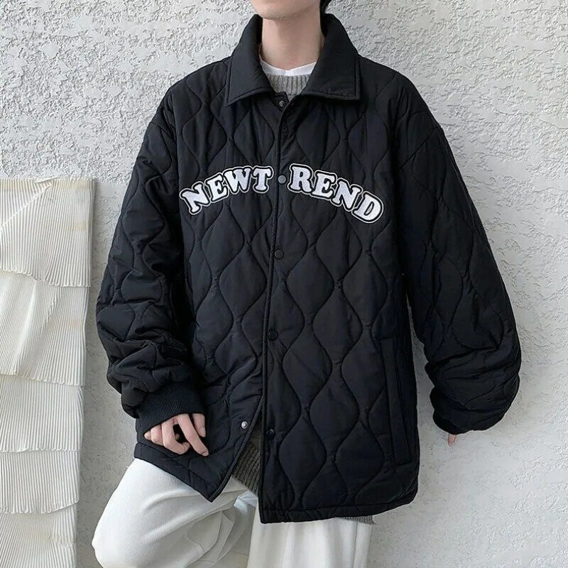 Men Rhombus Plaid Cotton-Padded Jacket Male Trendy Casual Large Size Solid Color Coat Winter Fleece-Lined Thicken Warm Outwear