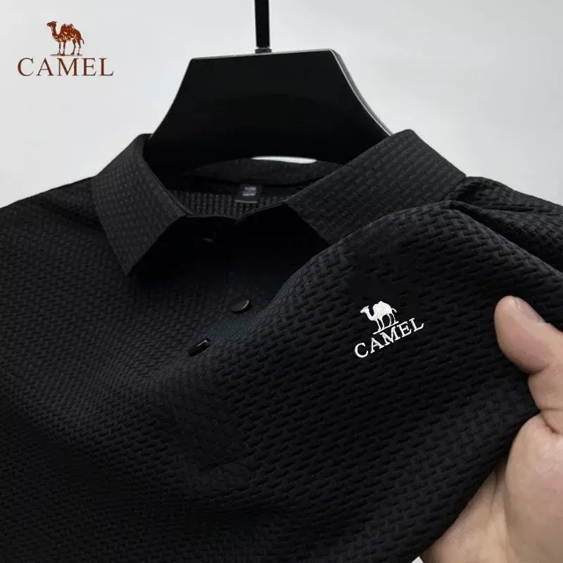 2024 besticktes Kamel High End Eis Seide elastisches Polos hirt neues Sommer T-Shirt trend ige atmungsaktive Business Kurzarm Luxus Top