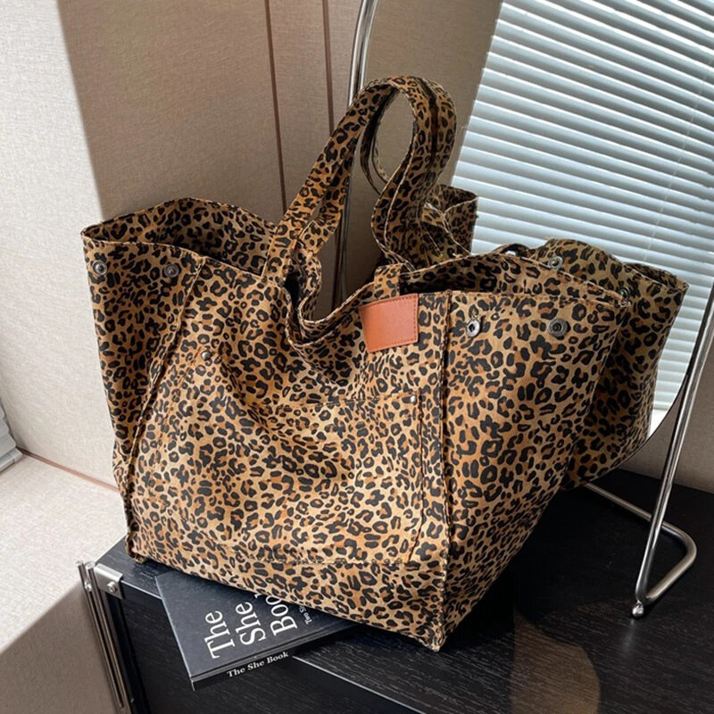 Oversized Leopard Prints Shoulder Bags For Women Deformable Canvas Large Capacity Shopping Totes 2024 New Arrive Luxury Handbags