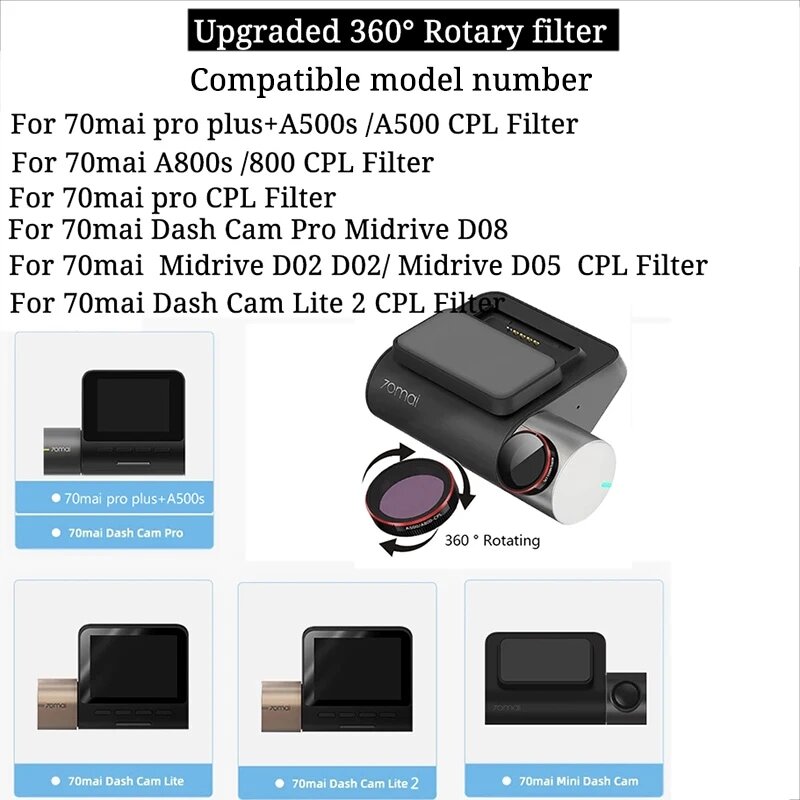 Per filtro CPL 70mai pro plus + A500s o filtro CPL per fotocamera posteriore RC06 per filtro CPL 70mai Pro lite D02 / D08 lite2 A200