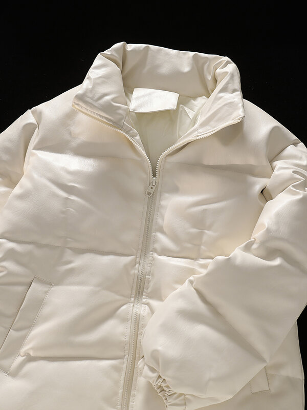 Mantel kulit wanita, mantel katun PU putih wanita musim dingin kerah berdiri baru ritsleting tebal hangat longgar mode kantor