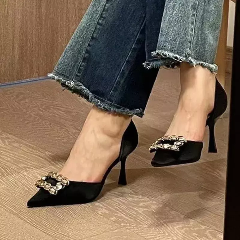 Sexy High Heels Spring New Women's Slingbacks Pumps Fashion Pointed Shallow Office Lady Shoes Luxury Crystal Metal Decorate Pump