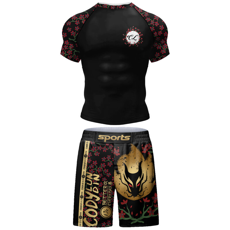 2 in 1 MMA Tracksuit BJJ T-shirts +Muay Thai Shorts Tight Brazilian Jiu-Jitsu Rashguard Digital Print Men Gym Fitness Clothes