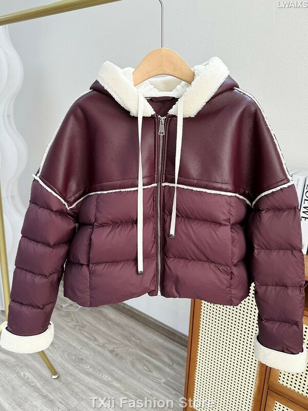 2023 New Winter Down Coat Women Korean Fashion Short Stitch Contrast Hooded Pu Leather Sheepskin Coat Thick Warm Parkas Outwear