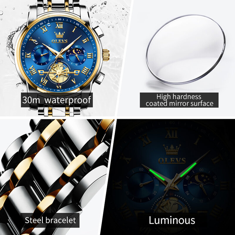 OLEVS Fashion Men Watch Waterproof Moon Phase Luminous Quartz Watch Stainless Steel Strap Trend Male Wristwatch Original Brand