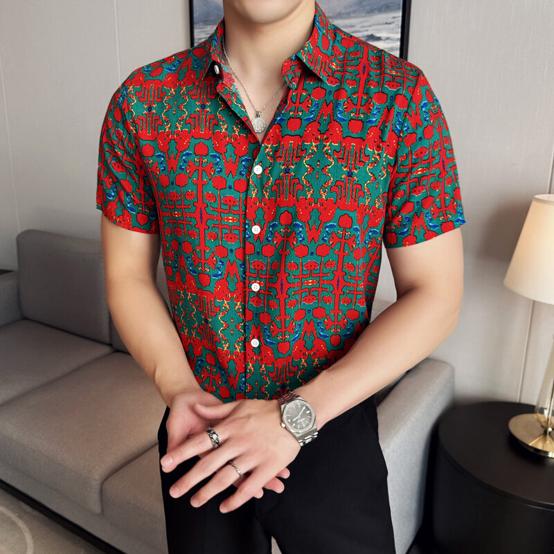 Baju Pria desain bunga besar timur laut, baju lengan pendek musim panas gaya Tiongkok atasan tren Streetwear pakaian pria kasual