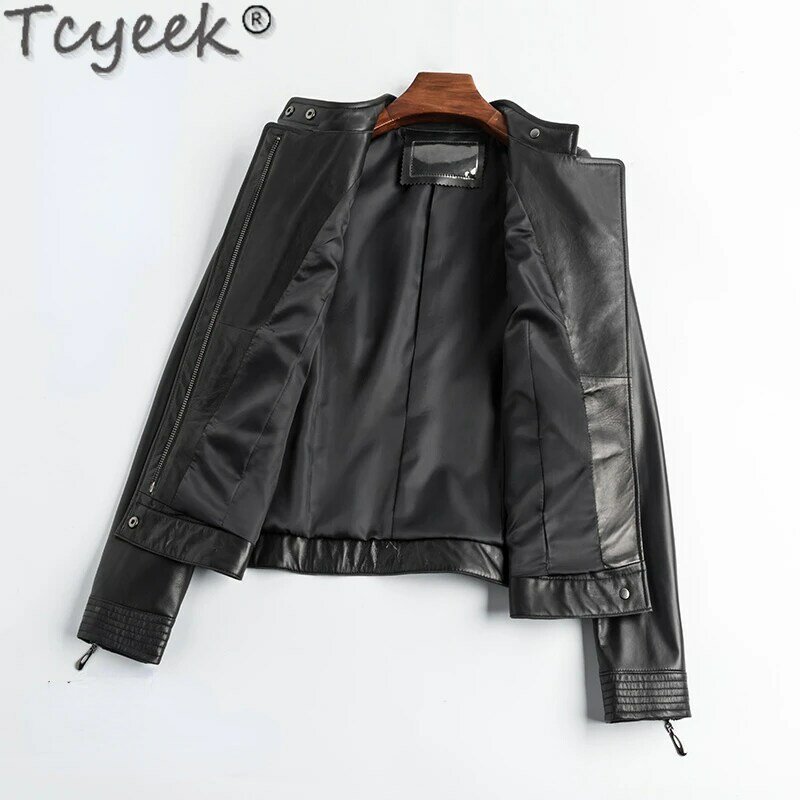 Tcyeek-Chaqueta de piel de oveja auténtica para mujer, abrigo ajustado de estilo coreano para motocicleta, primavera y otoño, 2023