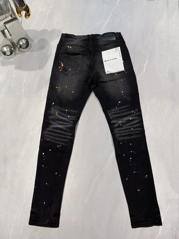 Jeans de rua alta com reparo angustiado, baixo crescimento, calça jeans skinny, marca roxa, moda, alta qualidade