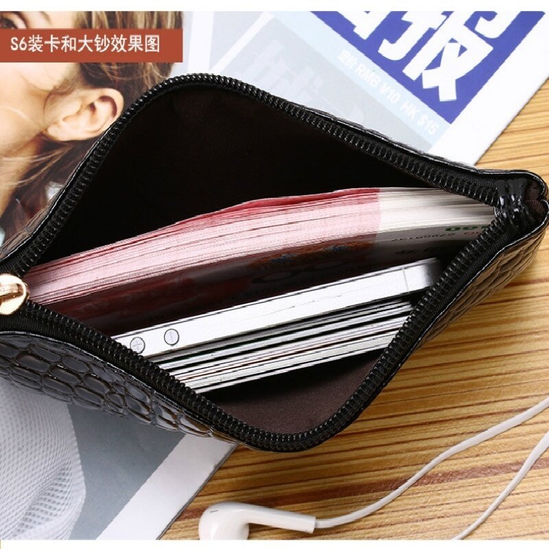 Tas persegi kecil pola buaya wanita, tas koin genggam satu bahu tas selempang pernis kulit nol dompet