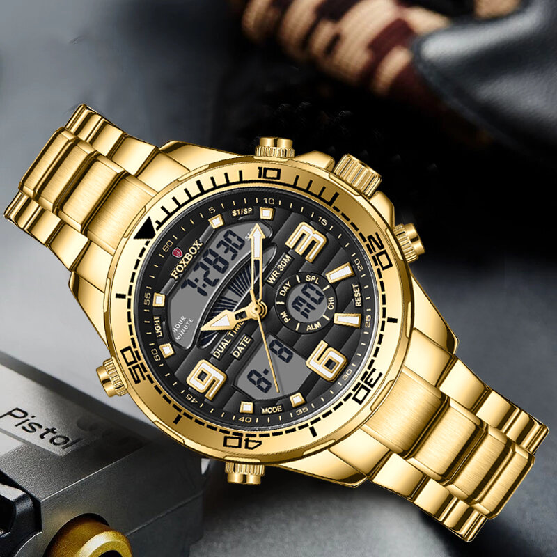 LIGE 남자 시계 FOXBOX 최고 럭셔리 브랜드 남자 군사 스포츠 석영 손목 시계 스테인레스 스틸 LED 디지털 시계, 남성 시계