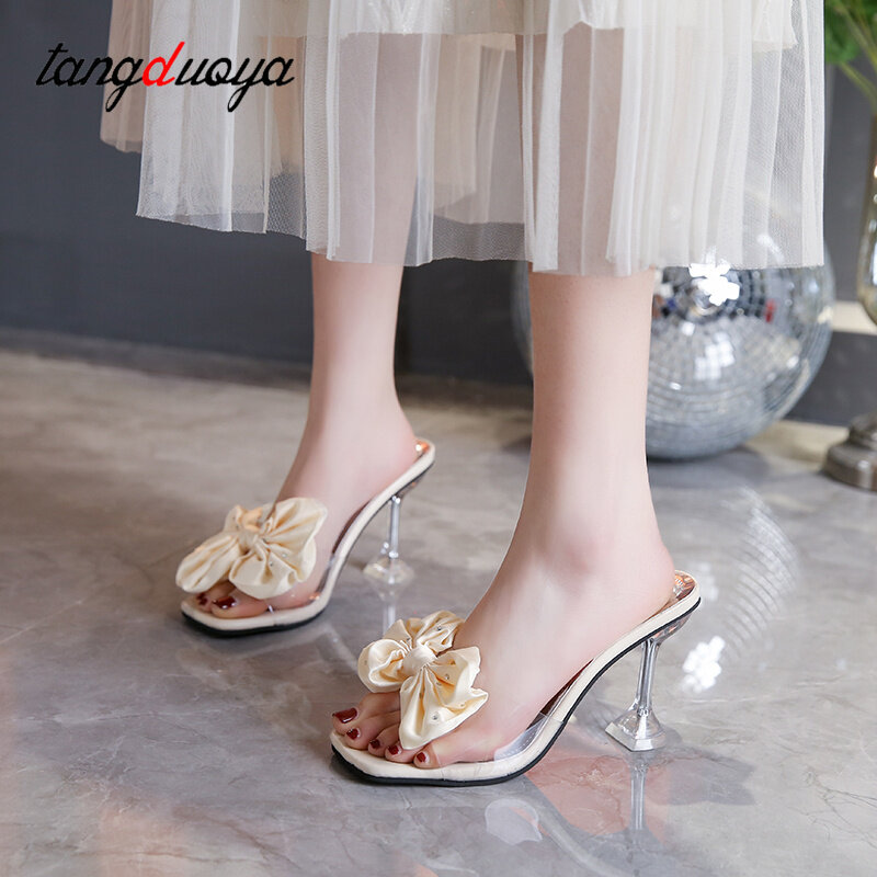 2024 Fashion Crystal Bow High Heels Slippers Shoes for Woman Sexy PVC Transparent Sandals Women Slides Open Toe Pumps