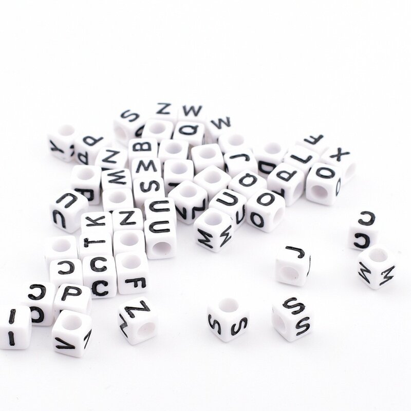50pcs/lot 6*6*3mm DIY Acrylic letter beads Square white background with black letter beads for jewelry making