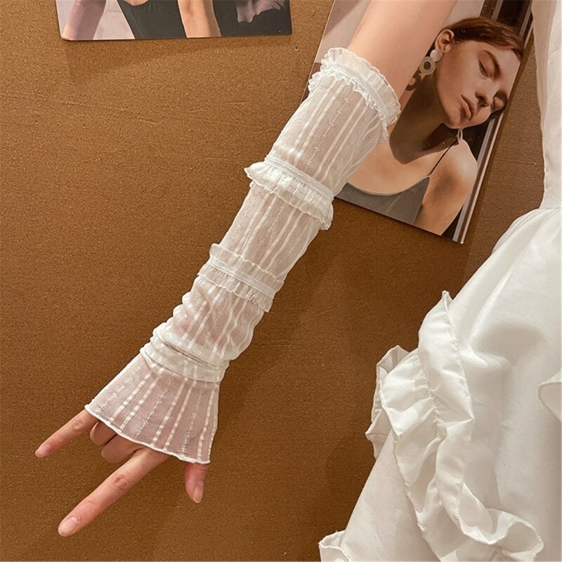 95AB – couvre-bras élastique en dentelle plissée pour femmes, gants résistants au soleil pour conduite en plein air