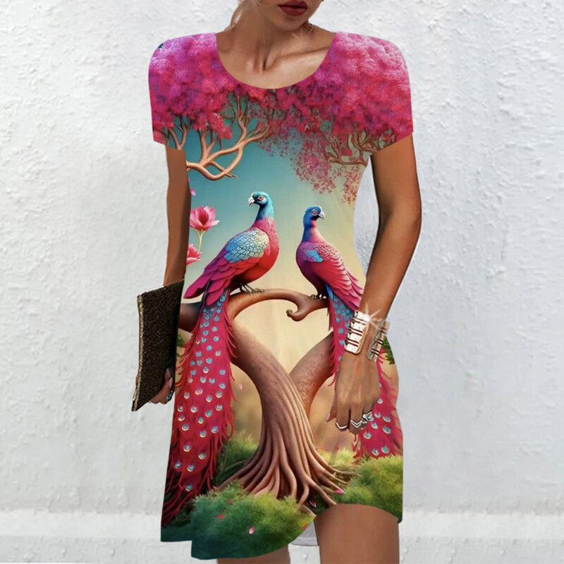Robe trapèze décontractée à manches courtes pour femmes, impression 3D, imprimé paysage, motif paon, mini robe de soirée, été, nouveau, 2024