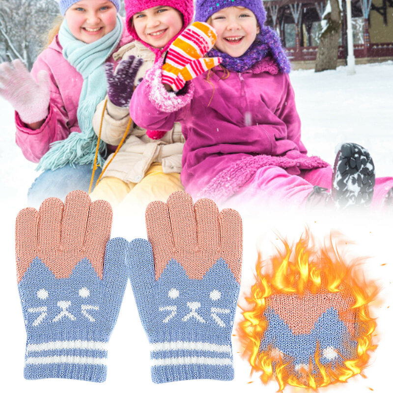 Winter Jungen Und Mädchen Kinder Nette Katze Samt Dicke Warme Gestrickte Nachahmung Handschuhe