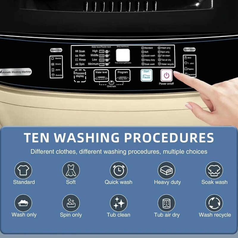 EUASOO-Full-Máquina De Lavar Roupa Automática, Lavadora Portátil Compacta, Drenar Bomba, 10 Programas, 8 Níveis de Água, 15.6lbs