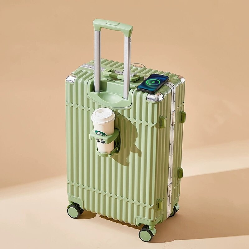 Многофункциональный чемодан с алюминиевой рамой, троллейка, универсальный держатель для чашки на колесах, Встроенный USB-интерфейс, чемодан для посадки