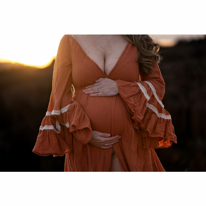 Don & Judy gaun fotografi ibu hamil, gaun sesi foto pesta pantai wanita hamil pemotretan katun Boho leher V lengan Flare