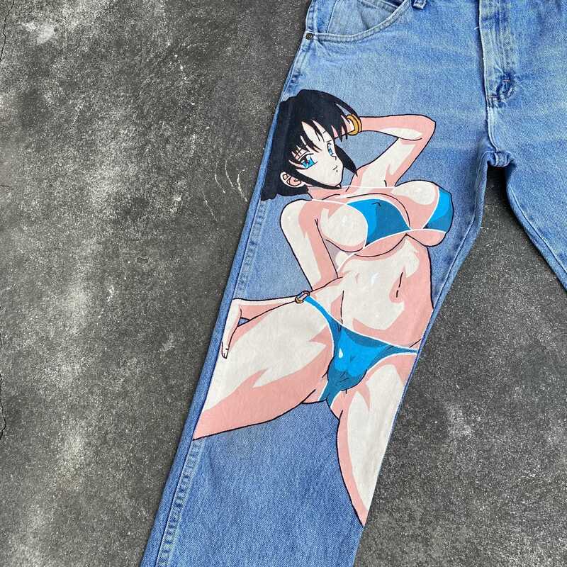 Szeroka nowe Anime do spodni w stylu Harajuku z szerokimi nogawkami dżinsowa spodnie z wysokim stanem dla par z szerokimi nogawkami