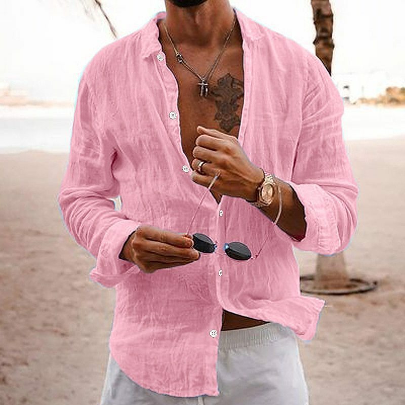 Shirt Men Cotton Linen Long Sleeve Shirts Solid Loose Single-Breasted Lapel Collar Blouse Vintage Casual Cardigan Beach Top