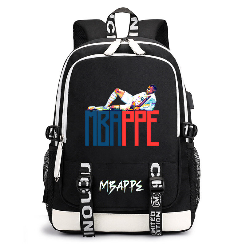 Mbappe stampato youth backpack studente borsa da scuola usb borsa da viaggio all'aperto borsa casual per bambini