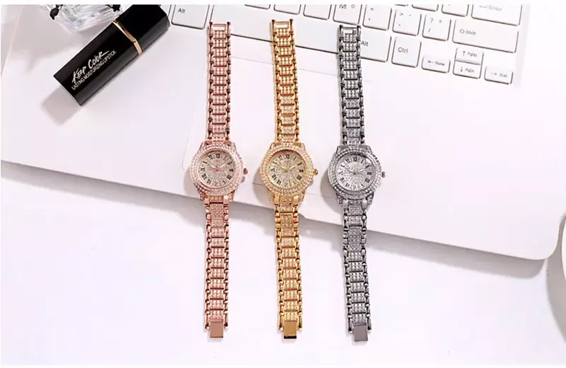 2pcs Luxo Relógios Das Mulheres de Diamante Hip Hop Pulseira Senhoras Relógio De Quartzo Rosa de Ouro relógio de Pulso Das Mulheres de Cristal Brilhante Reloj Mujer