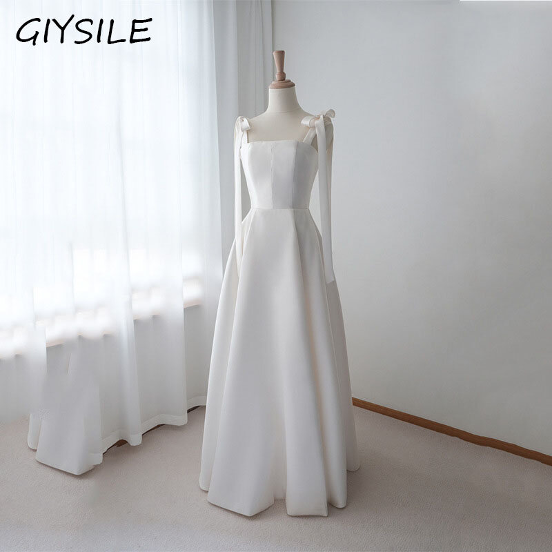 GIYSILE Satin Light Wedding Dress with Slim Bow Decoration, Simple Temperament, Bride Wedding Dress, Birthday Party Long Dress